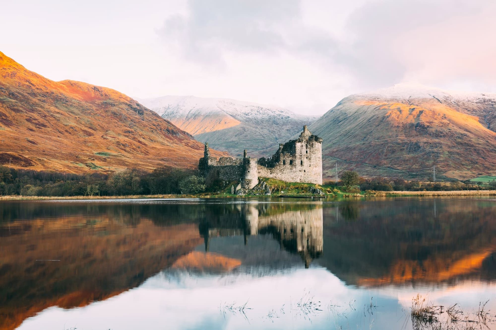 A castle reflected in a still loch